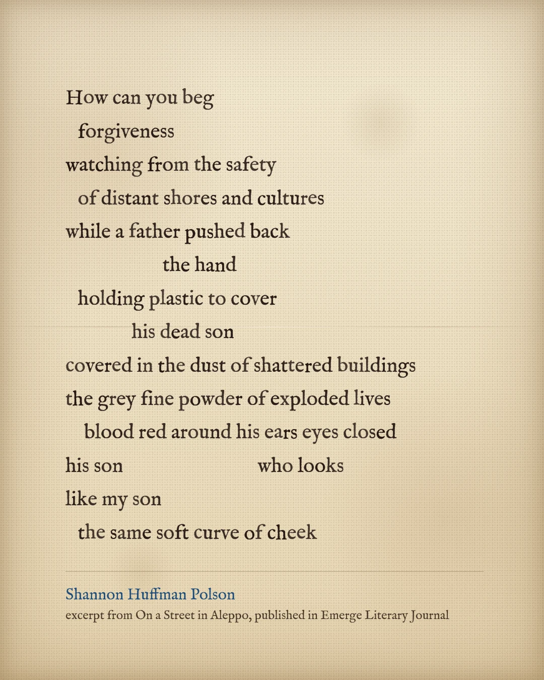 Excerpt from On a Street in Aleppo by Shannon Huffman Polson, published in Emerge Literary Journal